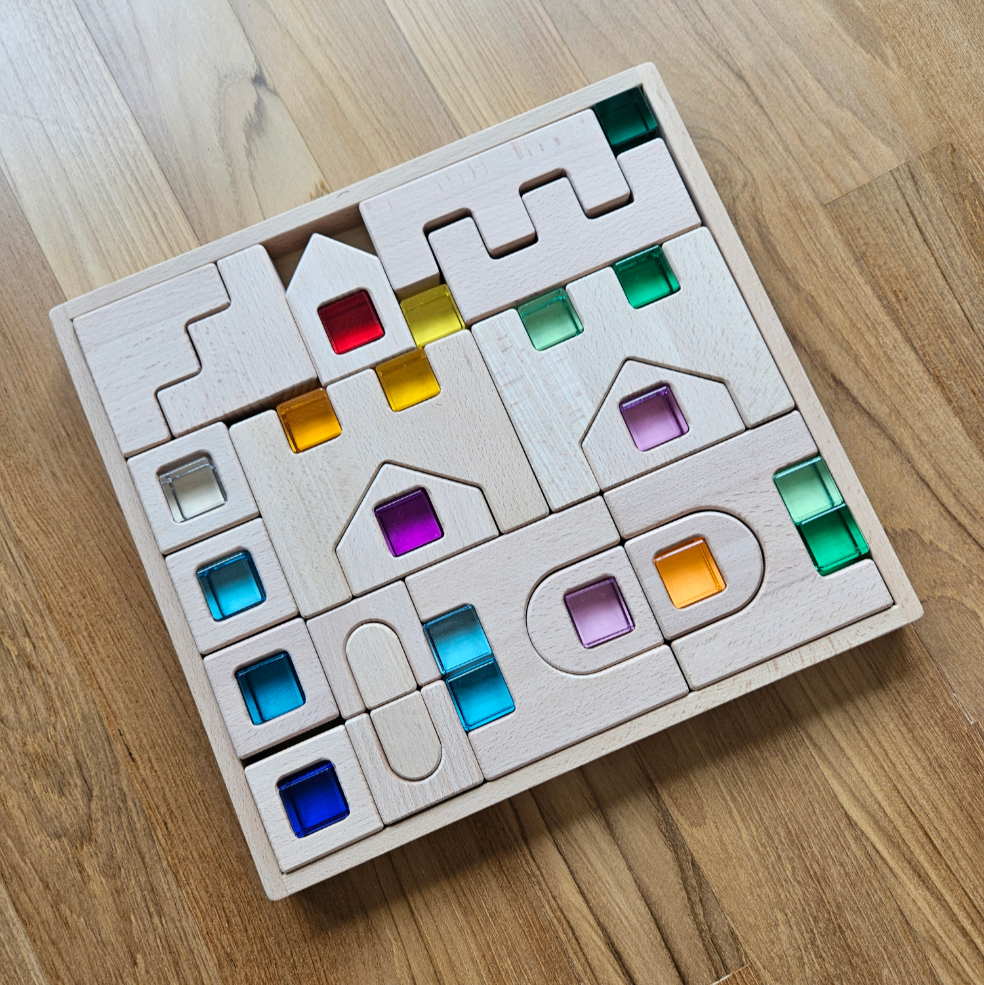 Wooden Castle Building Blocks with Lucite Cube Blocks