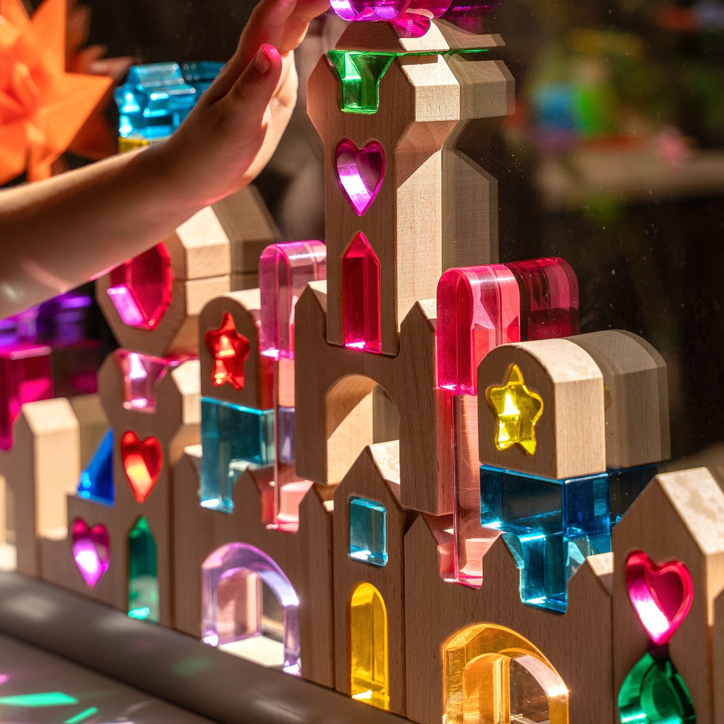Star of the Lucite Kingdom set — lucite hearts, stars, arches and majestic squares with wooden castle blocks